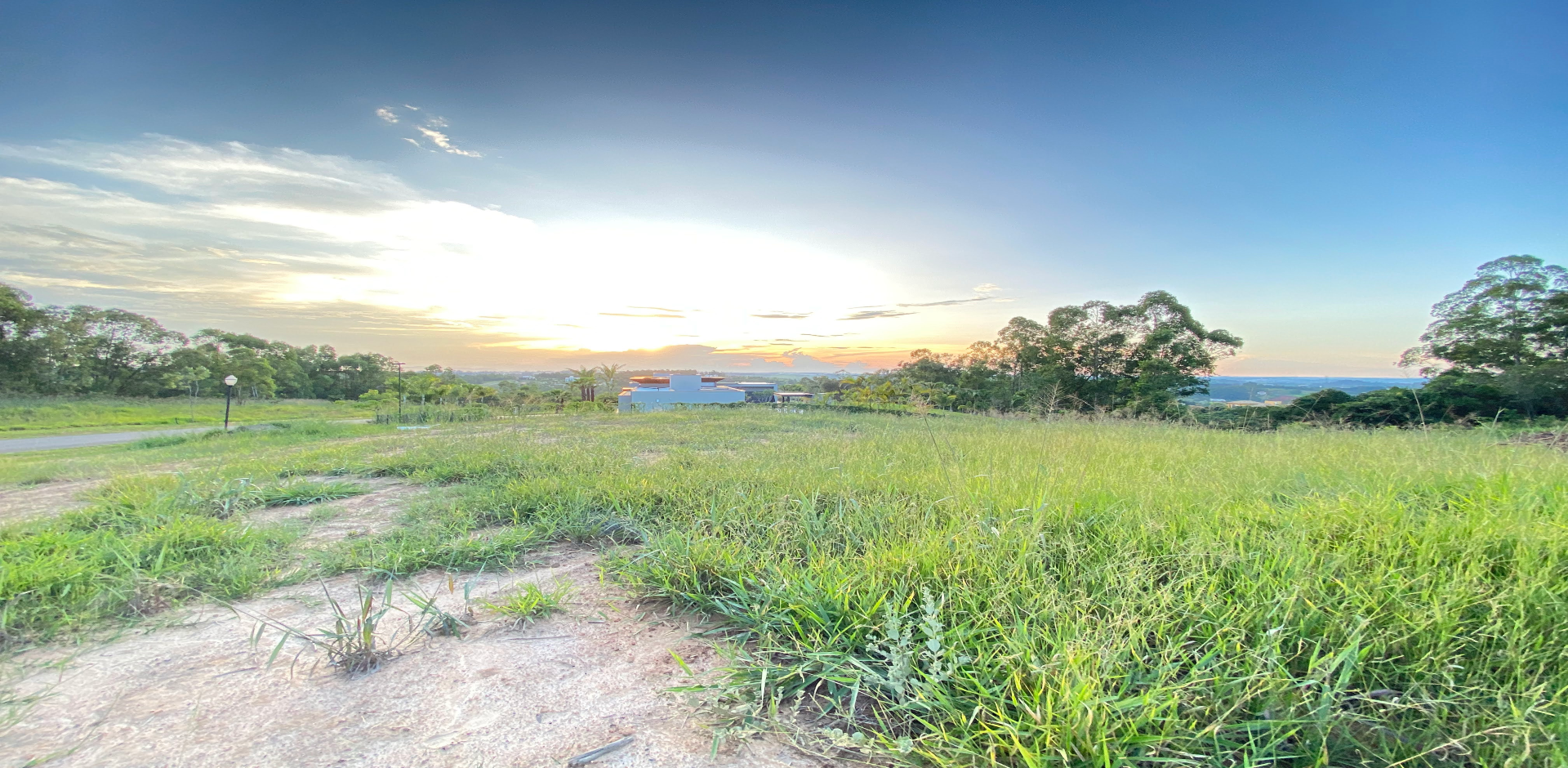 Área verde e pôr do sol